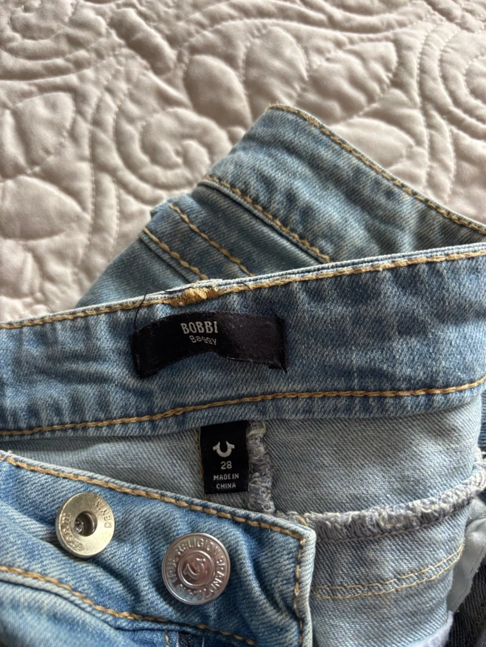 True Religion Light Blue Denim Jeans with Orange Button Accents - Picture 3 of 6